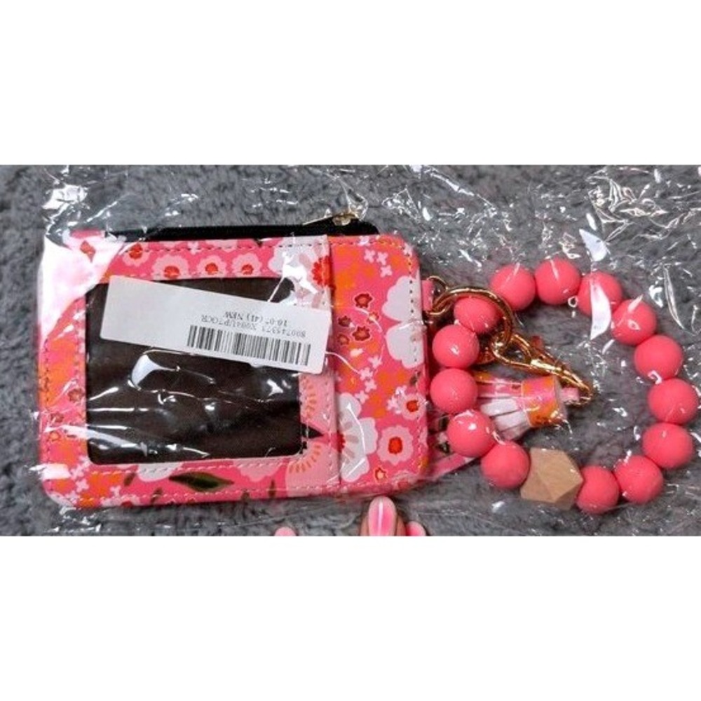 Unbranded Card Holder Keychain Women OS Pink Floral Wristlet Tassel Zipper